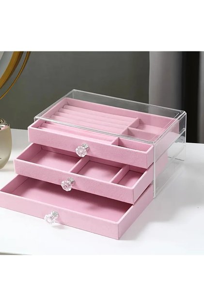 Velvet 3 Drawer Jewelry Box Organizer, Clear, 13X23X10 Cm, Pink