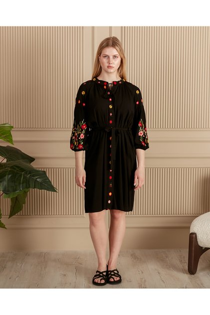 Women's Embroidered Belted Buttoned Short Plus Size Viscose Dress Black