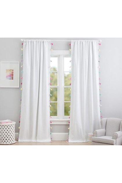 Double Sided White with Colorful Tassels Vintage Cotton Linen Curtain (Width X Length) - Single Panel - No Pleats