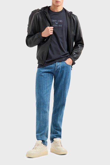 Logo Printed Cotton Slim Fit Low Waist Regular Leg Jeans Men's Denim Pants Em000668