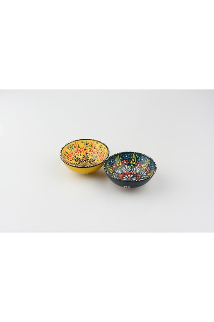 2Pcs Handmade Dark Green-Yellow Tulip Motif Medium Size (10cm Diameter) Ceramic Bowl Set-Hand Made