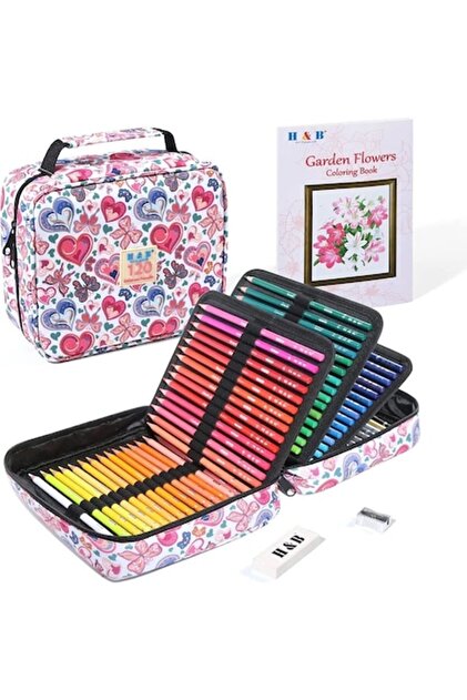 Set de 120 de creioane colorate, multicolore, cu penar, cărți de colorat, ascuțitoare și radieră, pastă