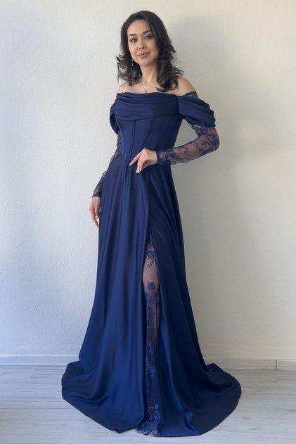 Women's Boat Neck Lace Detailed Off Shoulder Satin Evening Dress White, Navy Blue, Cobalt Blue
