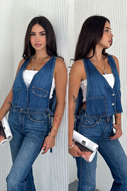 Women's Blue Buttoned Pocket Design Denim Vest