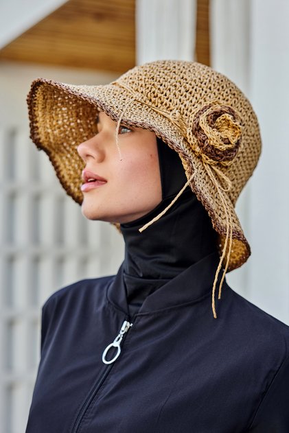 Flower Detailed Hand Knitted Straw Hat Rş-84 Camel