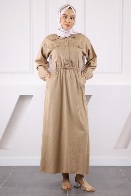 Gabardine Dress with Stone Waist Elastic Pockets