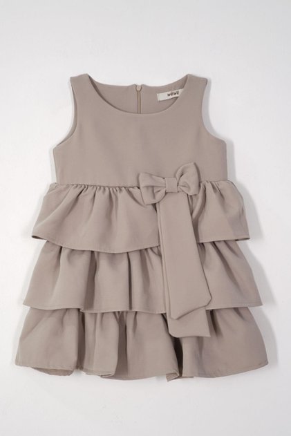 Crew Neck Ribbon Detailed Skirt Ruffled Zero Sleeve Stone Color Girl's Dress