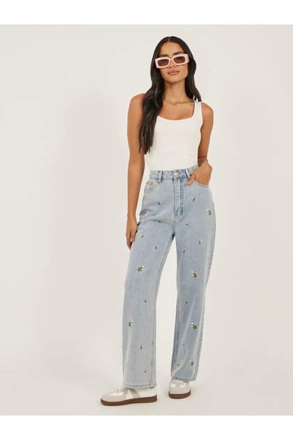 Straight Fit Embroidered Faded Jeans