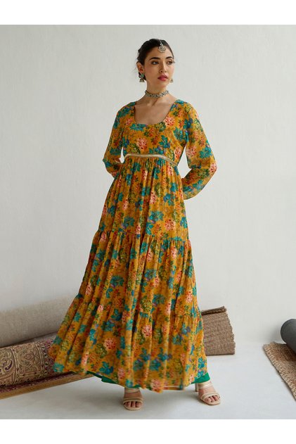 Floral Print Round Neck Tiered Kurta
