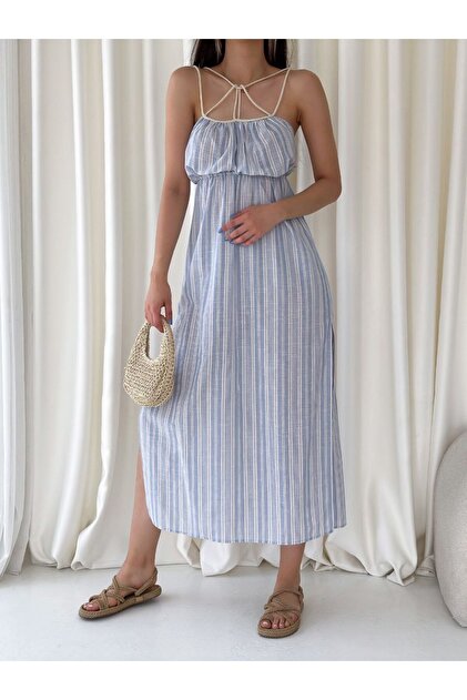 Stil Sepeti Women's Blue Striped Midi Dress Strappy Linen Summer Casual  Tll-10047020- Trendyol