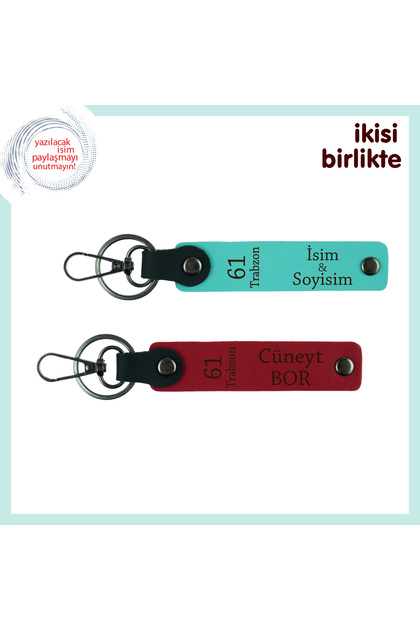 Morale Gift for Soldiers Going to Trabzon, Pair of Leather Keychains with 61 Written, Turquoise-Red