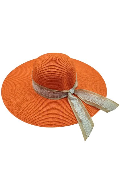 Women's Orange Color Bow Lace Detailed Straw Beach Hat Beach Hat