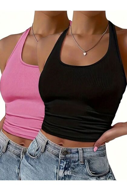 Women's Oval Neck Sleeveless 2 Piece Ribbed Crop Basic Tank Top Blouse