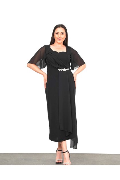 Rochie de seară neagră, mărimi mari, din șifon, cu detalii din pietre, pentru femei