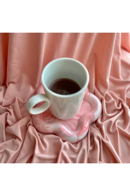 Pembe Mermer Desen Çiçek Bardak Altlığı - Takı Tabağı - Dekoratif Tabak