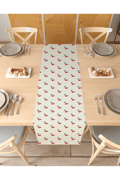 Cherry Cherry Beige Patterned Stylish Special Design Runner Digital Printed Decorative Tablecloth Home Decoration