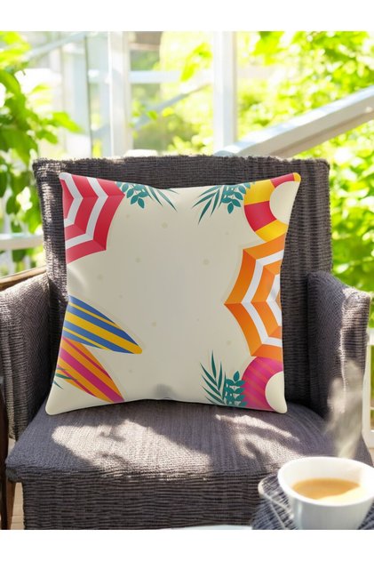 Smr Beach Patterned Throw Pillow Cream, Pink & Blue 43X43