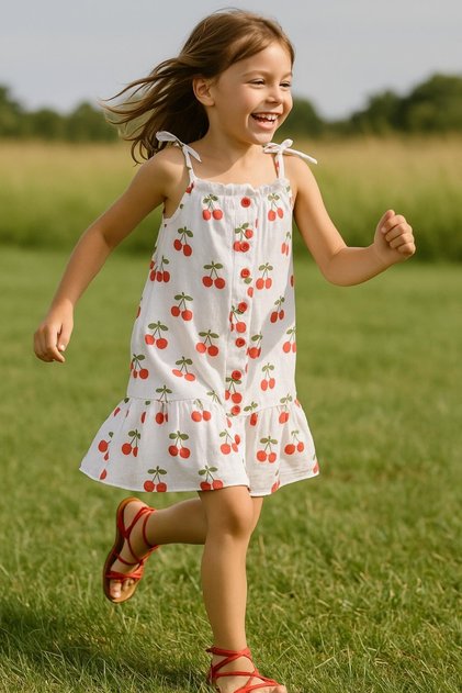 Cherry Printed Muslin Girl's Dress 100% Cotton Organic