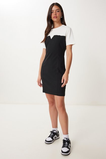 Women's Black T-Shirt Detail Contrast Color Mini Woven Dress Mx00214