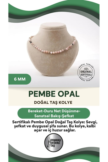 Certified Pink Opal Natural Stone Necklace 6 Mm, M585