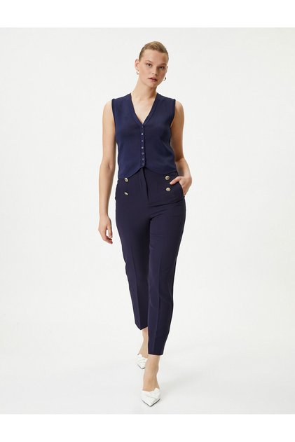 Fabric Cigarette Trousers Gold Button Pocket Normal Waist