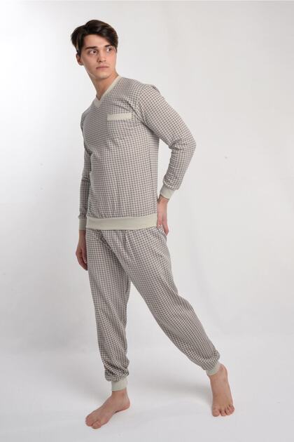 Quality Vyaka Knitted Fabric Men's Pajamas with Waist-Sleeve and Rib Cuffs