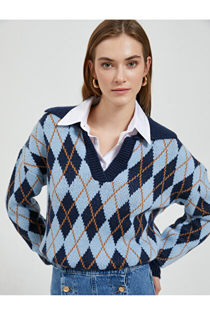 Diamond Patterned Knitwear Sweater Polo Neck