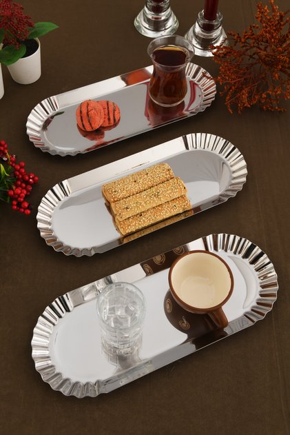Davin Decorative Stainless Oval Serrated Edges 3 Pieces Presentation Tray