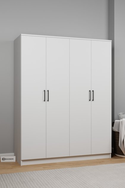 Kardelen Serisi Mat Beyaz 4 Kapaklı 5 Raflı 140 Cm Elbise Dolabı