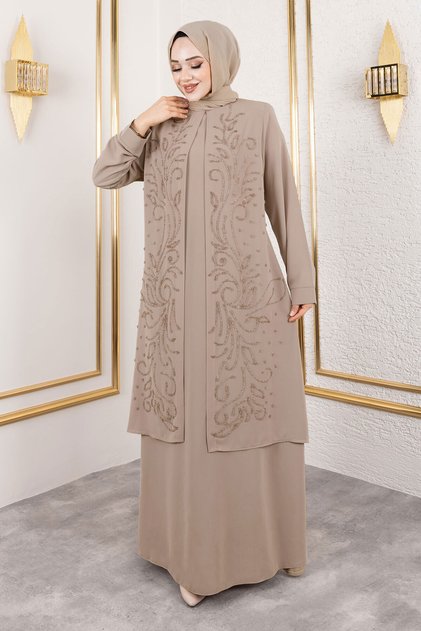 Crew Neck Long Hijab Dress with Attached Pieces Tsd250125 Beige