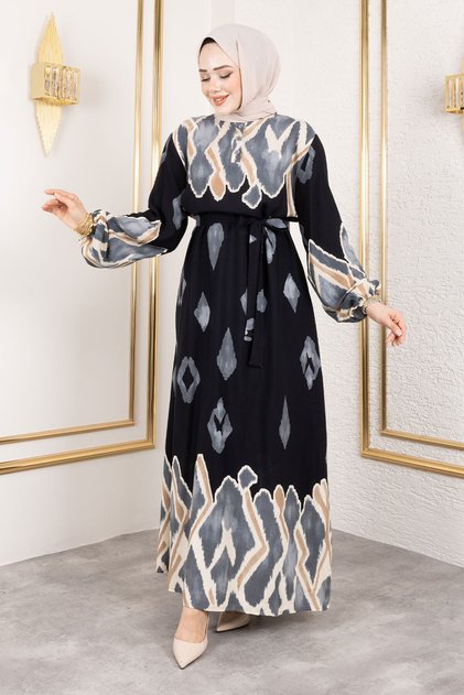 Color Garnished Hijab Long Hijab Dress Tsd250143 Black
