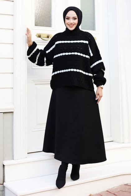 Houndstooth Patterned Striped Knitwear Tunic Tsd240707 Black