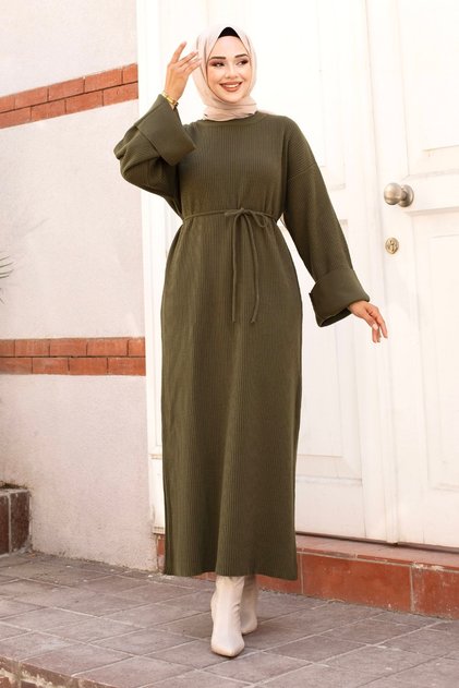 Tie-Up Waist Low-Sleeve Knit Long Dress Tsd240708 Green