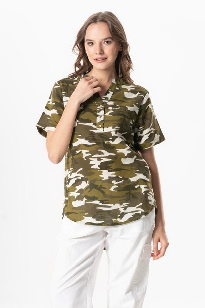 Kratki rukav Şile tkanina Seda V izrez kamuflažna letnja bluza zelena YSL
