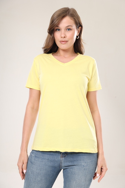 Super Quality Yellow V-Neck Women's T-Shirt Solid Color Basic Organic Cotton Knitted Combed Cotton T-Shirt