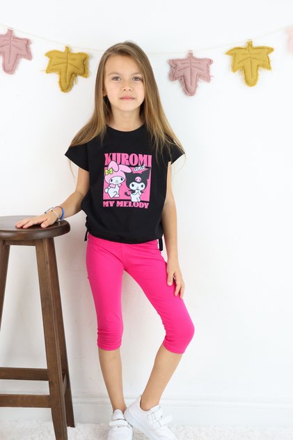 Girl's Suit Kuromi Printed Black T-Shirt 2-Piece Leggings Suit Summer Casual Combination 3-7 Years Old