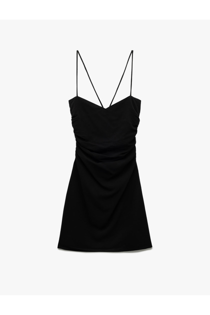 Viskon Keten Karışımlı Slim Fit Drapeli İnce Askılı Mini Elbise