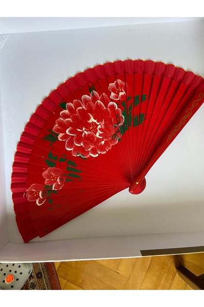 Yelpaze Kırmızı Kaliteli Çiçek Desenli Japon Yelpaze