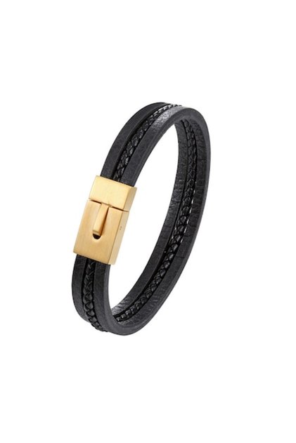 Brățară elegantă bărbătească din piele naturală, model împletit, închidere cu nasture, aurie și neagră