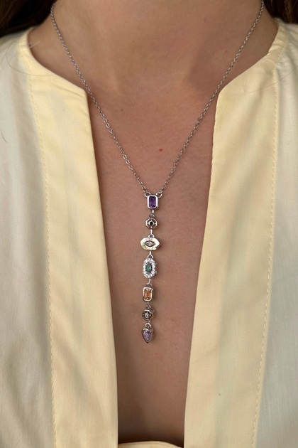 Steel Color Stone Y Necklace