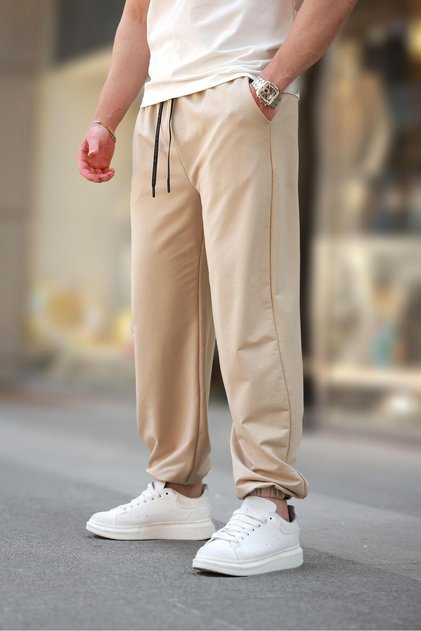 Beige Relaxed Fit Men's Sweatpants with Elastic Legs E6573