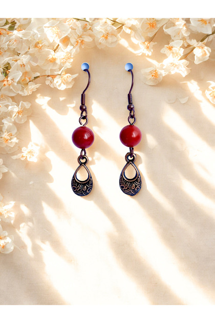 Dark Copper Color Dangle Women's Earrings with Red Jasper Natural Stone – 8mm Stone, Authentic Zamak Apparatus
