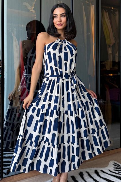 Women's Rope Strap Halter Detail Skirt Ruffled Belt Viscose Summer Dress