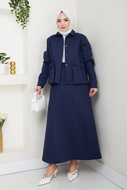 Bellows Pocket Shirt Skirt Double Set 1551 - Navy Blue