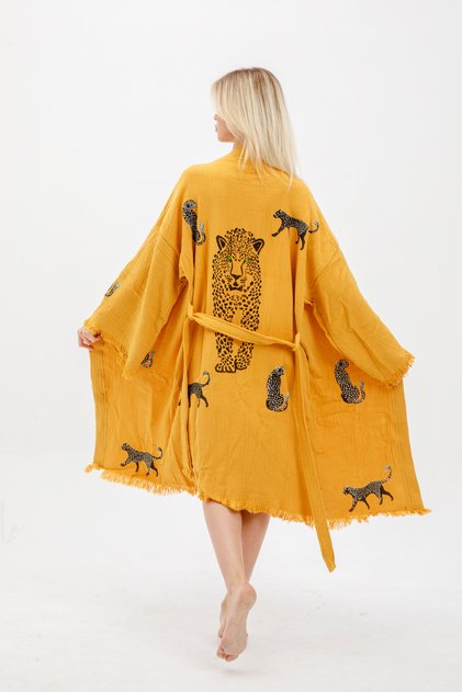 Muslin Kimono 100% Cotton Leopard Printed Patterned Bathrobe Kaftan Dressing Gown Mustard Yellow