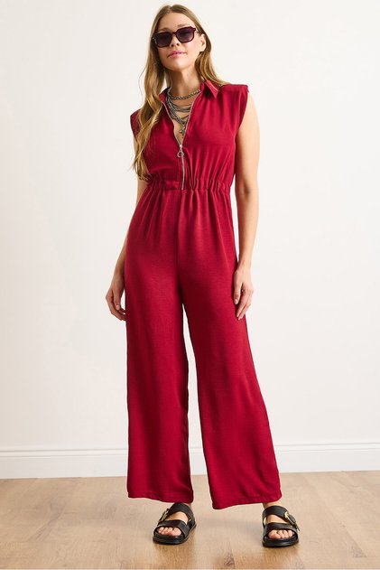 Women's Burgundy Zippered Elastic Waist Draped Jumpsuit Tlm-19000163