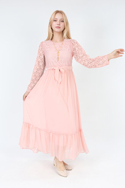 Joui Co Girls' Hijab Dress-Lace Pattern-Lined-Chiffon Fabric- Long Dress  with Necklace Detail- Trendyol