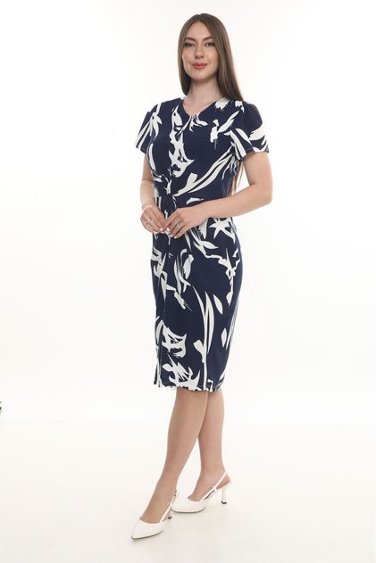 Gathered Detailed V-Neck Slit Dress 422 Navy Blue