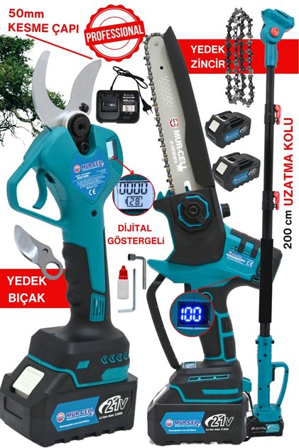 DijitalGöstergeli 3 lü set A PLUS 21v3Ah 50mm Budama Makası Kömürsüz Testere Teleskobik kol