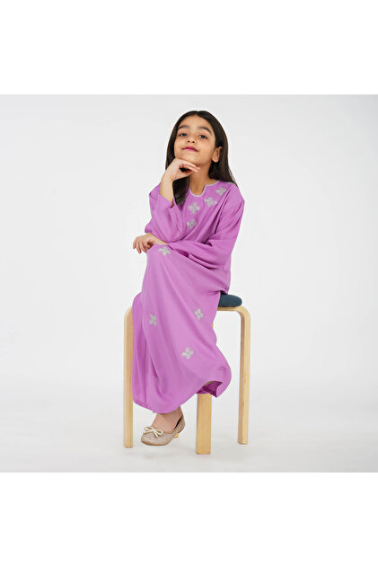 Kids Jalabiya - Purple Maxi with Scalloped V-Neck and Floral Embellishments.